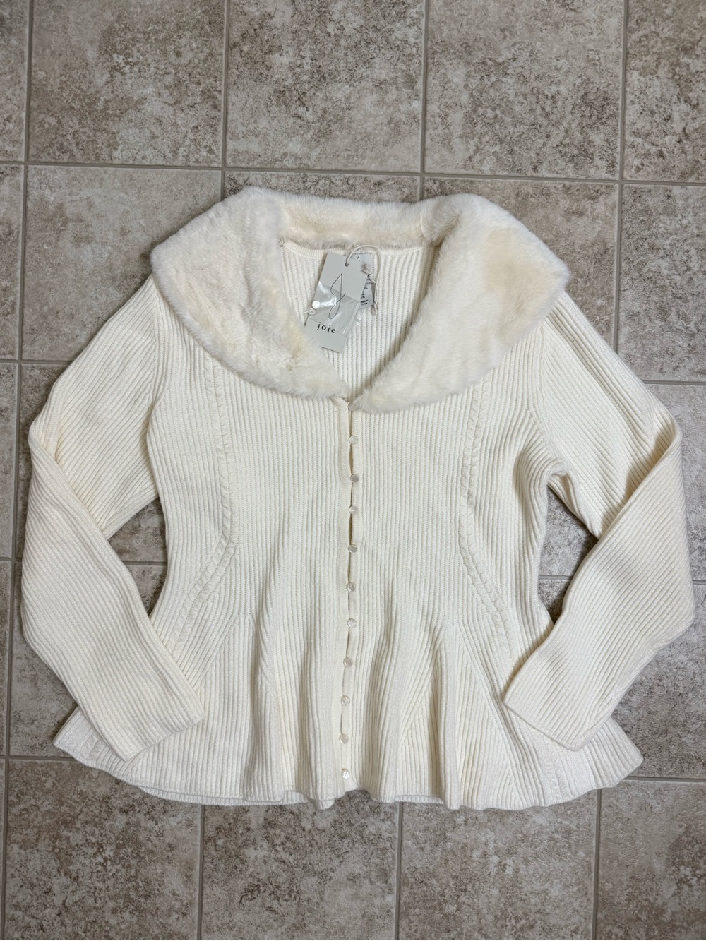 Joie Cream Ribbed Cardigan with Plush Faux-Fur Collar